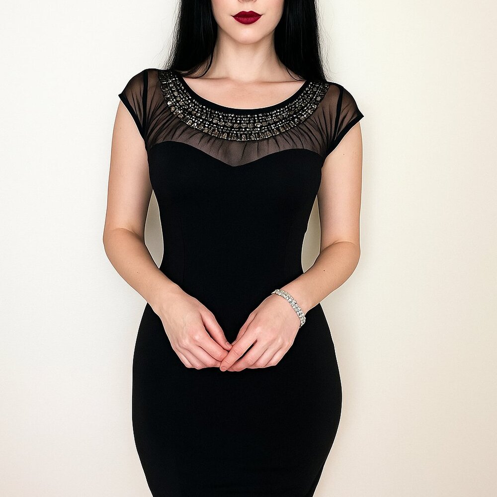 Vintage Y2K Fredricks Of Hollywood Black BodyCon Meshtop Fitted Dress